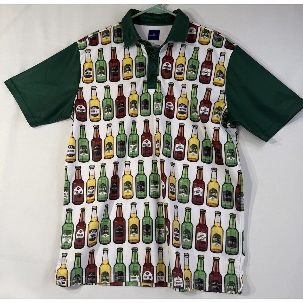 ReadyGOLF Beer Bottle Print Golf Polo Shirt Mens L Green Novelty Performance